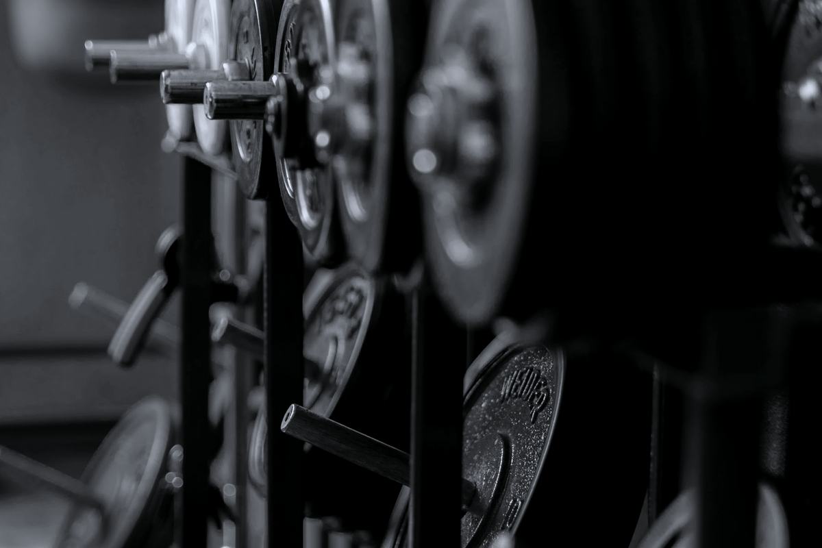 Racked barbells and stacked weight plates in a gym, in near-monochrome.