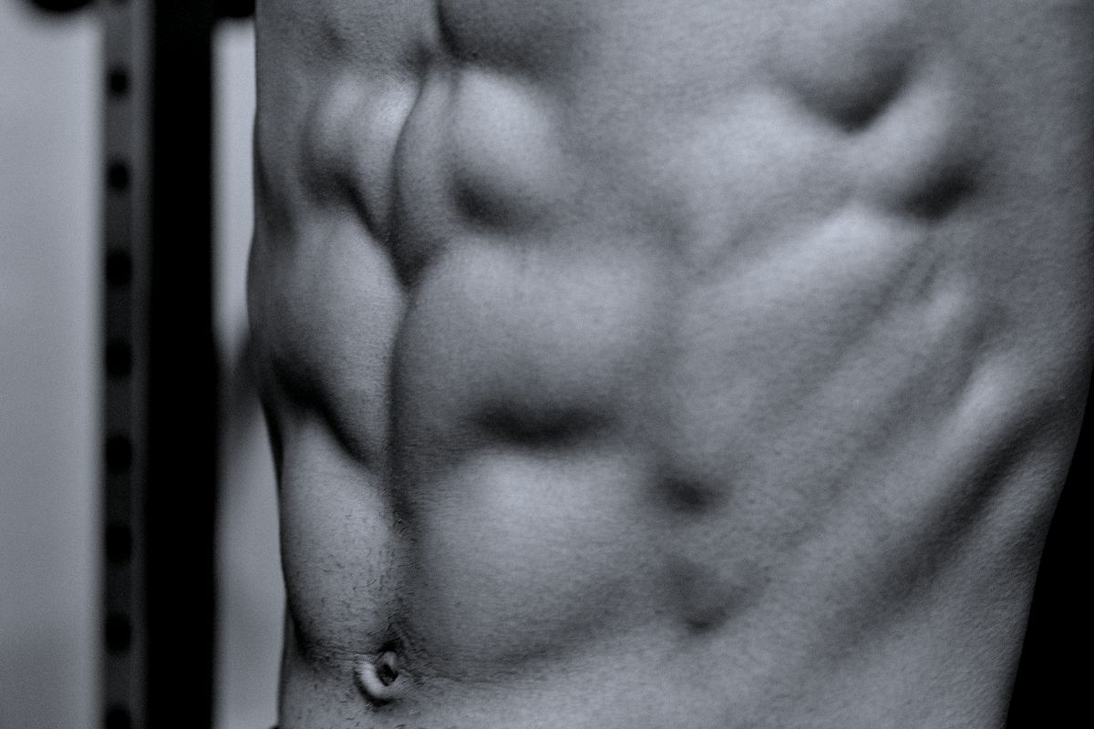 A close, high-contrast study of a defined abdominal wall.