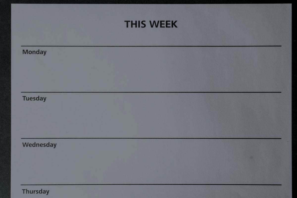 A blank weekly planner with the days of the week marked.