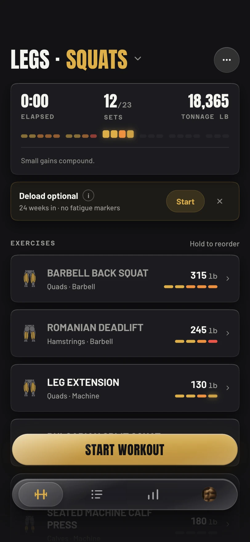 The Today screen: session totals, a deload prompt and the exercises in the rotation.